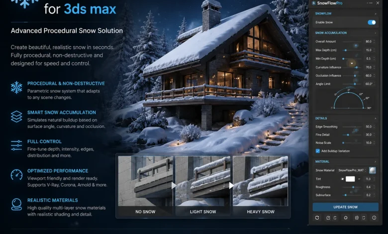 آموزش ساخت برف تری دی مکس SnowFlowPro 3ds max
