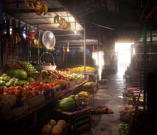 آموزش مدلسازی و رندر داخلی پیچیده بازار میوه ویری تریدی مکس Evermotion San Juan