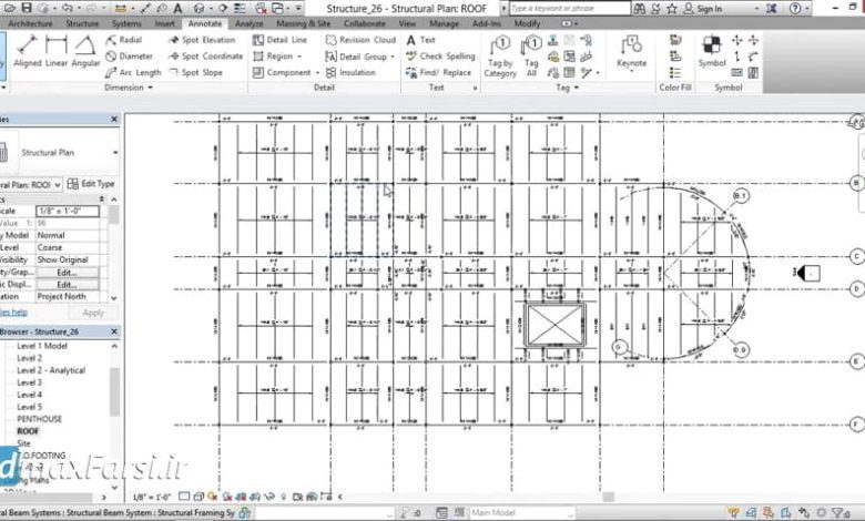 آموزش رویت استراکچر عمران نوین Revit Structure Tagging framing