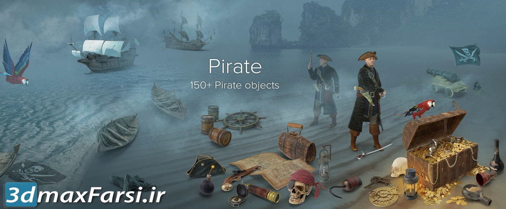 عکس گرافیکی وسایل دزدان دریایی، جمجمه، شمشیر PixelSquid – Pirate Collection