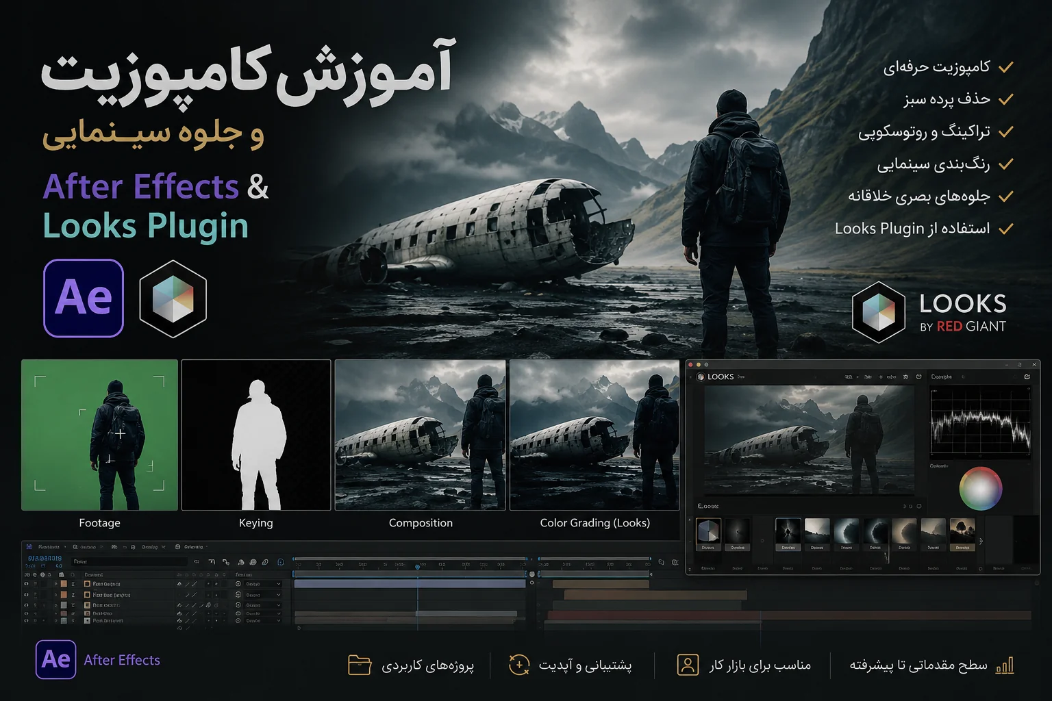 پکیج آموزش کامل کامپوزیت و جلوه سینمایی After effects & looks plugin