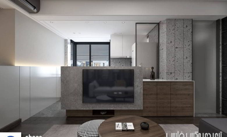 صحنه سه بعدی آپارتمان مدرن نشیمن، کتابخانه، آشپزخانه (مکس+ ویری)