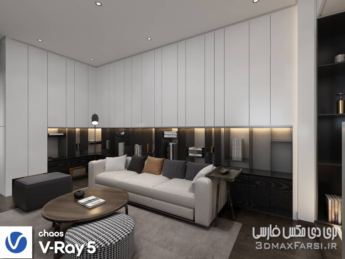 صحنه سه بعدی آپارتمان مدرن نشیمن، کتابخانه، آشپزخانه
