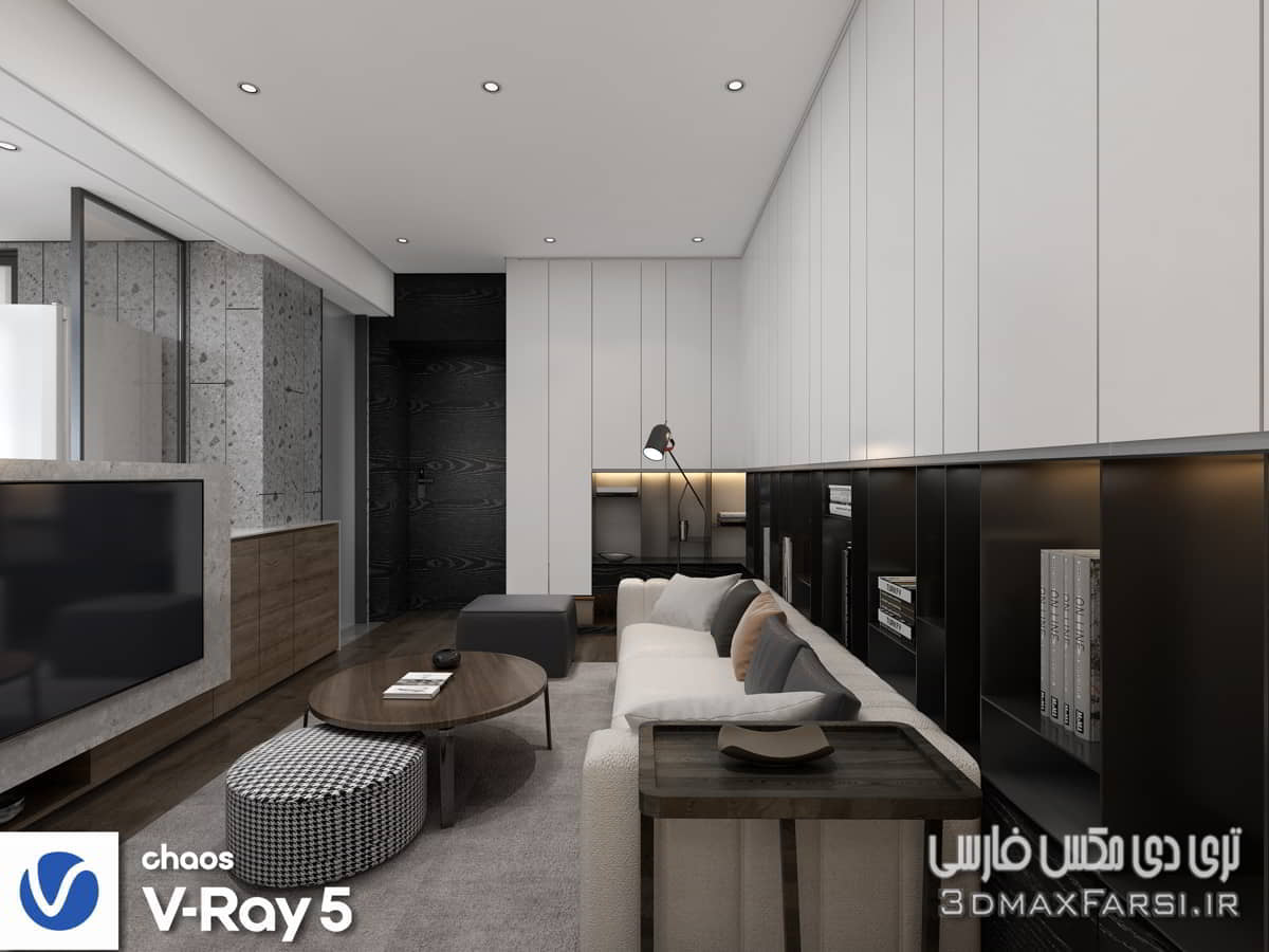 صحنه سه بعدی آپارتمان مدرن نشیمن، کتابخانه، آشپزخانه