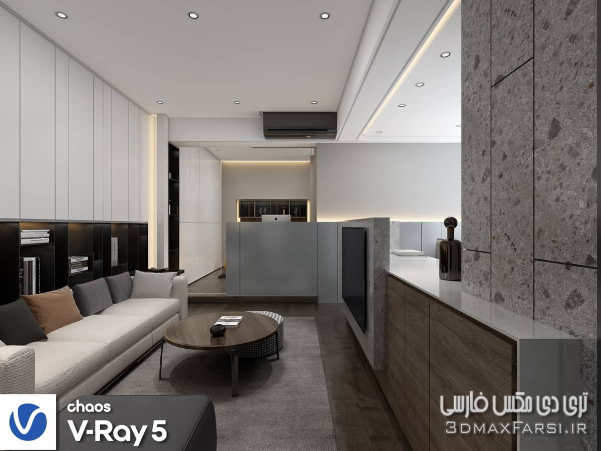 صحنه سه بعدی آپارتمان مدرن نشیمن، کتابخانه، آشپزخانه