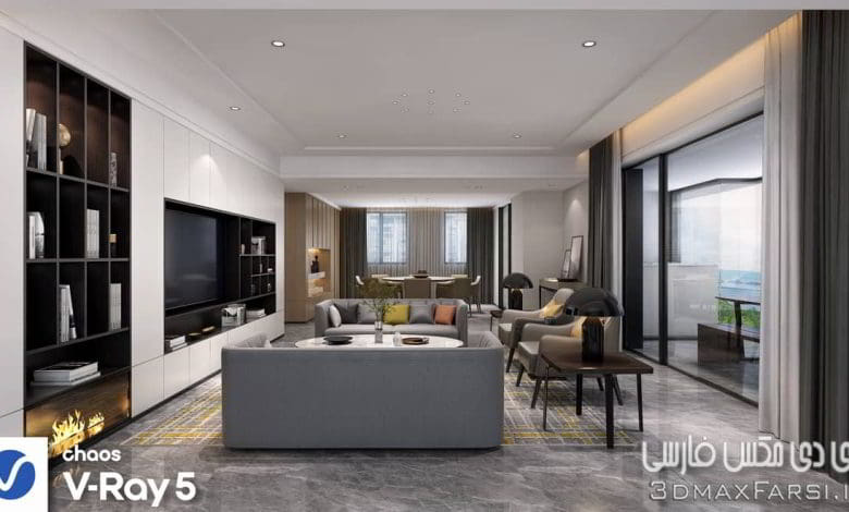 صحنه سه بعدی پذیرایی : ست تلویزیون و غذا خوری