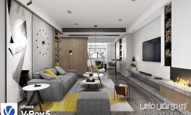 صحنه سه بعدی آپارتمان : نشیمن مدرن و TV و آشپزخانه مدرن