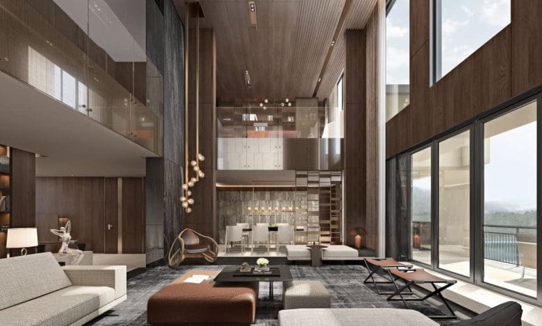 صحنه آماده به رندر داخلی ویلا (نشیمن و غذا خوری،بار، بالکن)