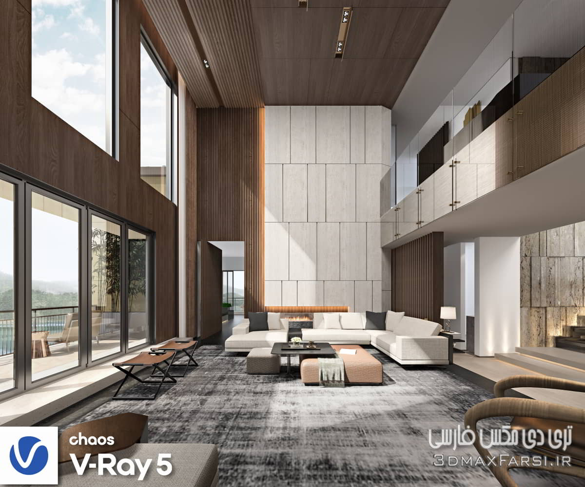 صحنه آماده به رندر داخلی ویلا (نشیمن و غذا خوری، بار، بالکن)
