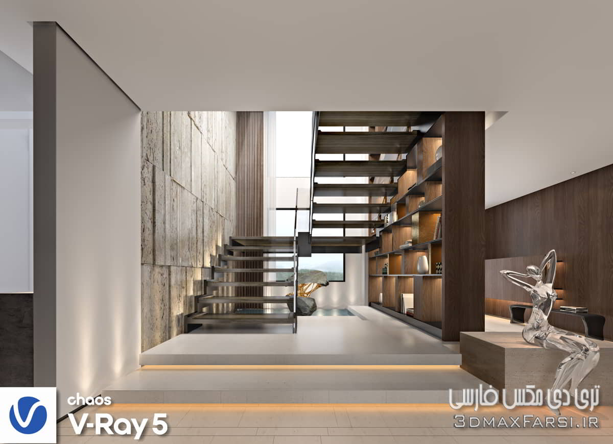 صحنه آماده به رندر داخلی ویلا راه پله
