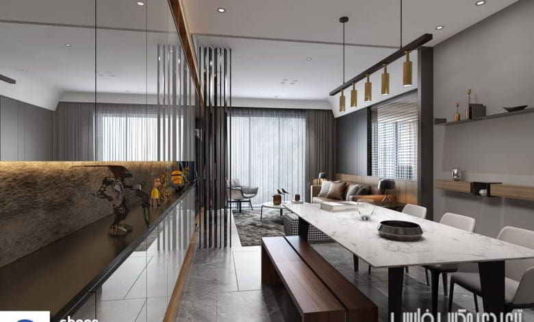 صحنه سه بعدی آپارتمان آشپزخانه مدرن غذا خوری