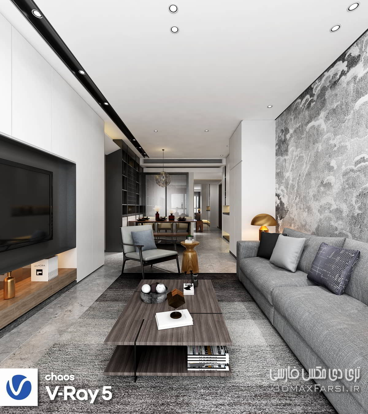 صحنه سه بعدی آپارتمان با طراحی و مبلمان کامل (مکس+ ویری)