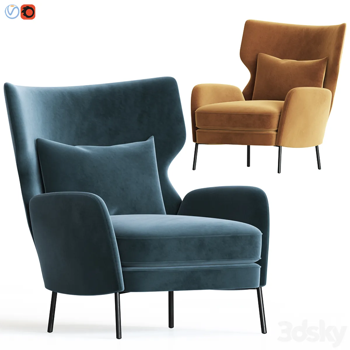 مدل سه بعدی صندلی مخملی Alex Navy Blue Velvet Accent Chair Crateandbarrel