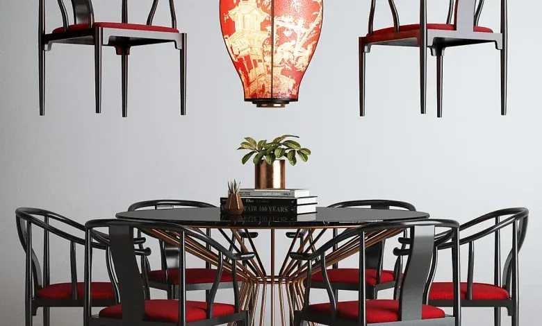 مدل سه بعدی میز و صندلی و روشنایی چینی تری دی مکس + ویری Asian Set 01