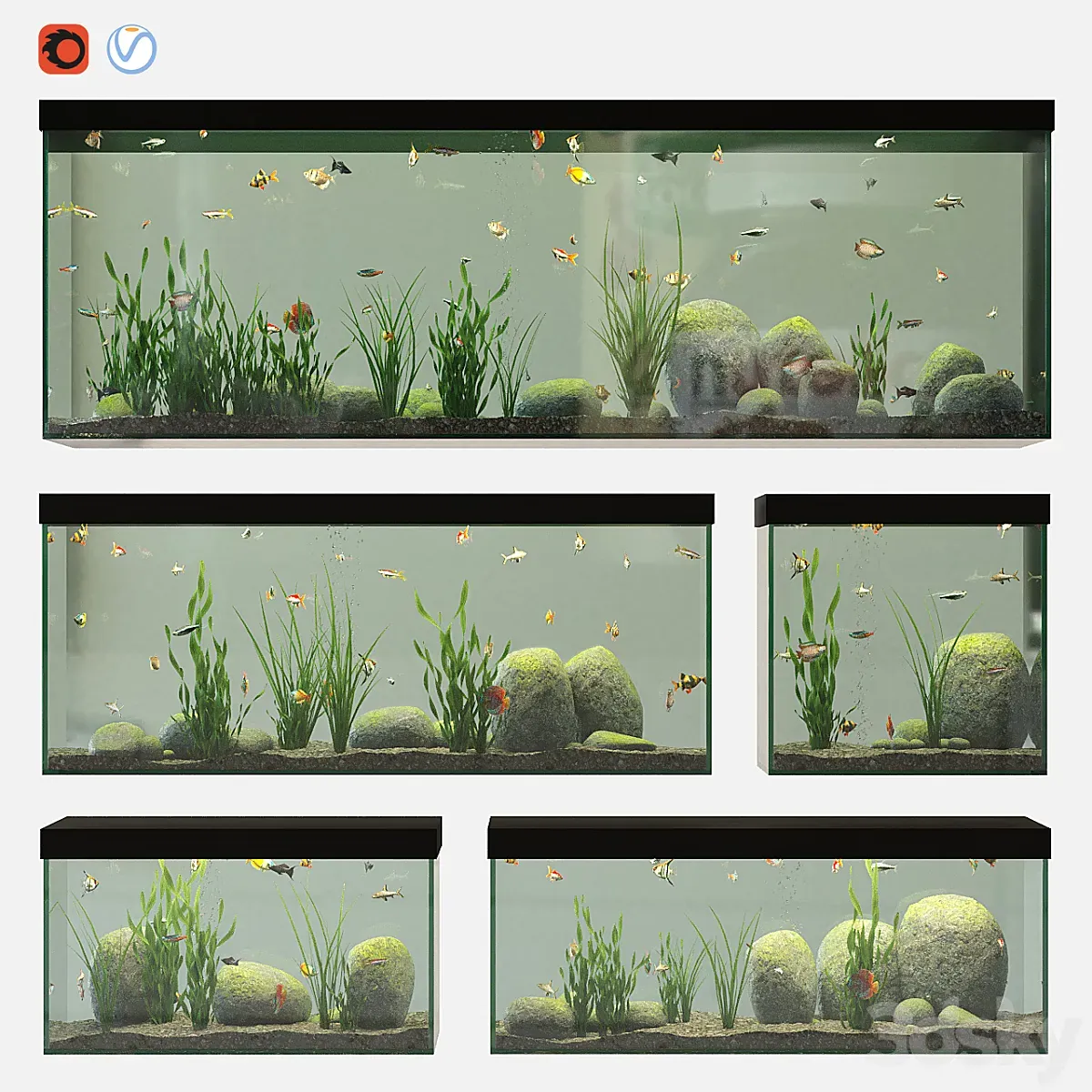 دانلود مدل سه بعدی آکواریوم ماهی تری دی مکس Aquarium set